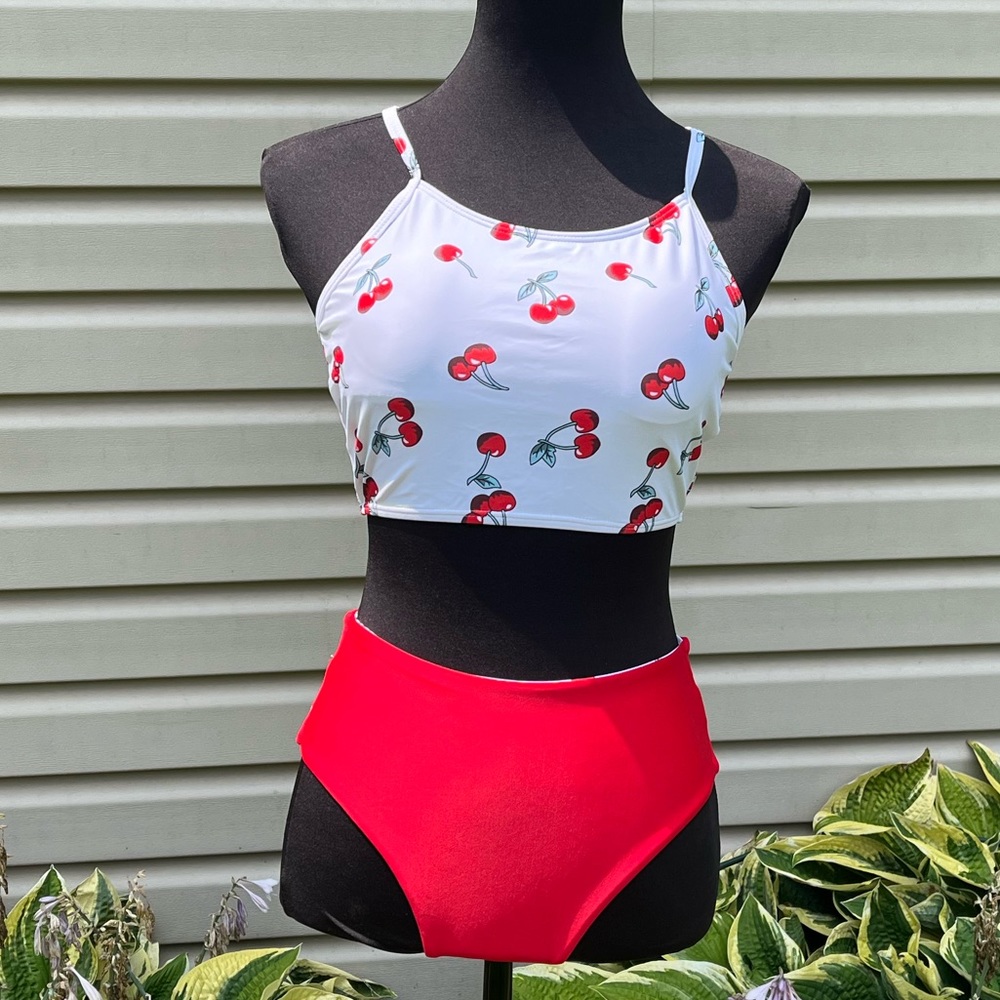 NWT ZAFUL Reversible Cherry Red Print Lace Up Tankini Swimsuit Bikini